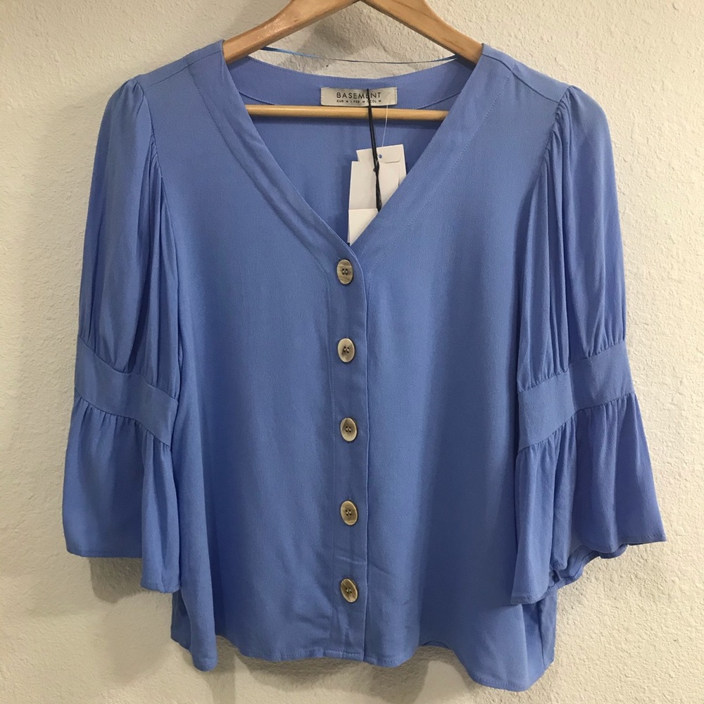 BASEMENT collection Blue  3/4 Bell Sleeve Blouse